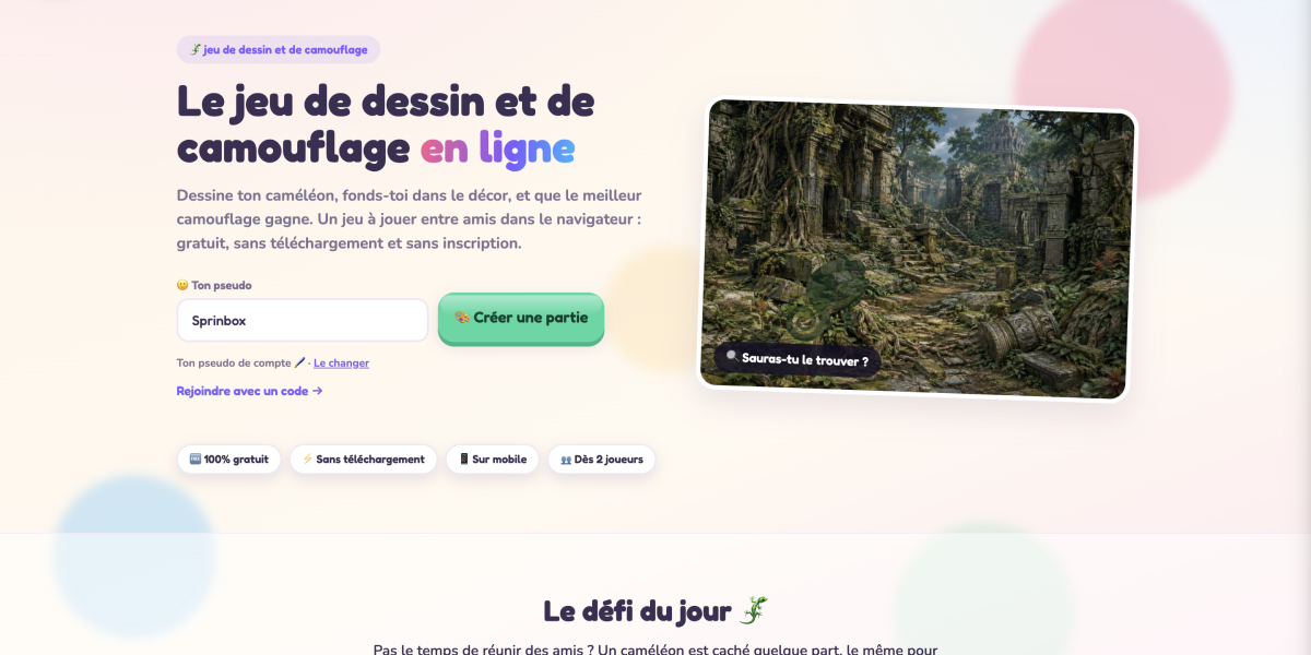 Page d’accueil de Kamelio, un jeu multijoueur de dessin et de camouflage jouable gratuitement dans un navigateur.